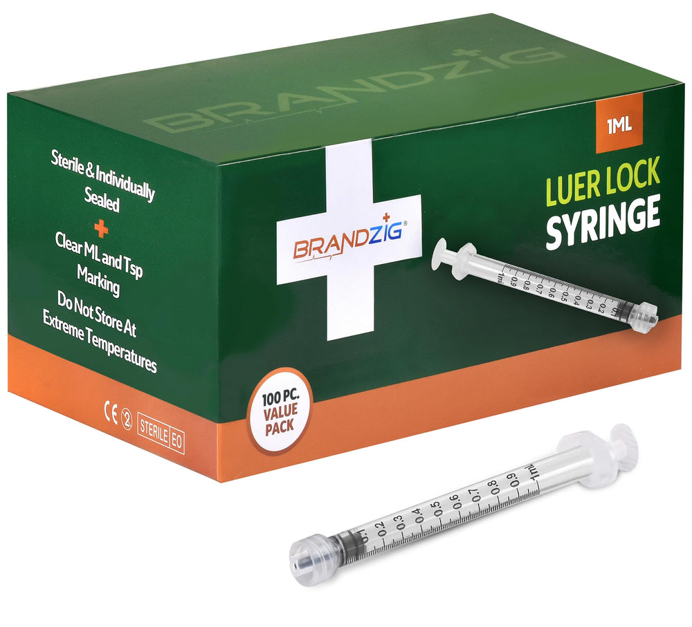 Brandzig 1mL syringe, individually wrapped, ideal for sterile handling and precise dosing.
