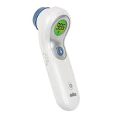 Braun No Touch Forehead Thermometer display shows color-coded fever guidance at a glance