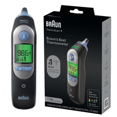 Braun ThermoScan 7 with pre-warmed tip for accurate ear readings.