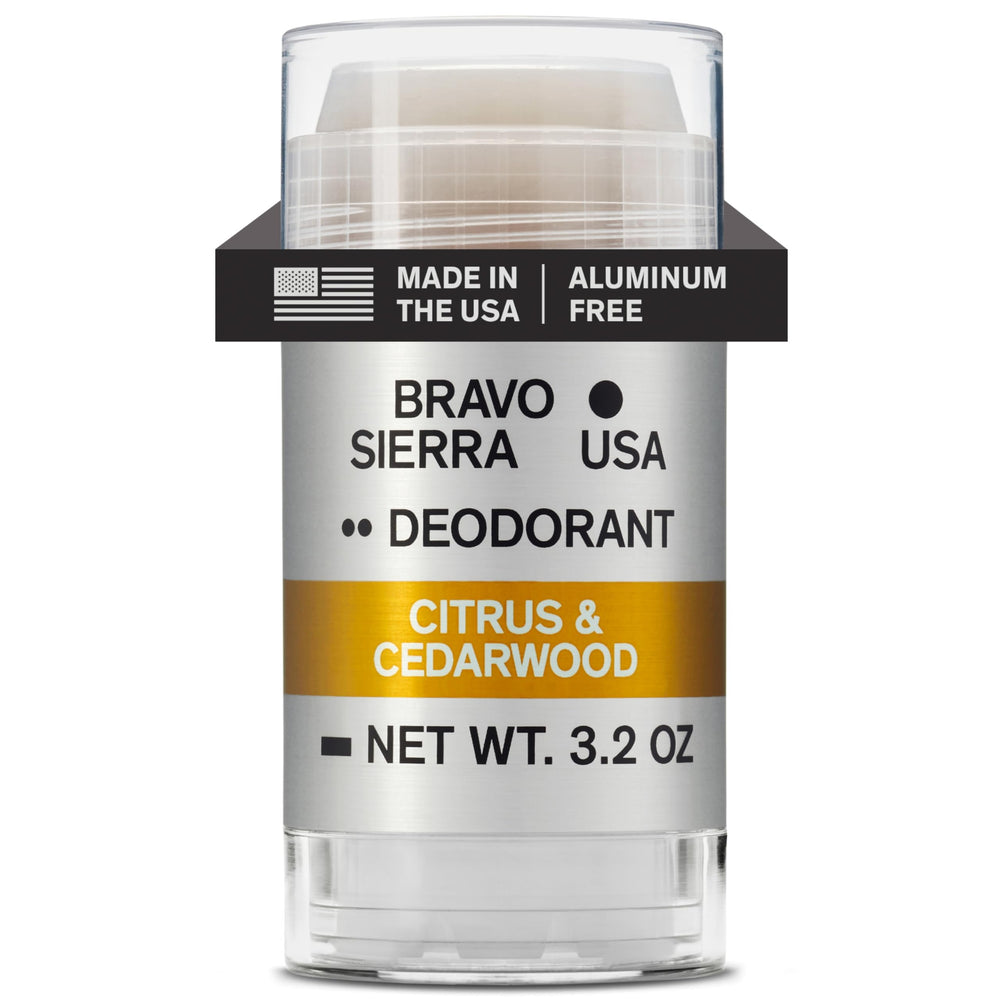 Bravo Sierra aluminum-free deodorant bottle shows citrus-cedarwood aroma for daily wear