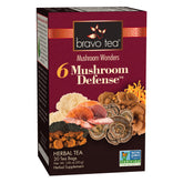 Bravo Tea 6 Mushroom Defense packaging showing caffeine-free herbal blend for daily use.