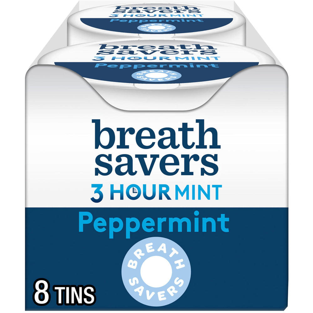 Breath Savers peppermint tin front view for on-the-go fresh breath.