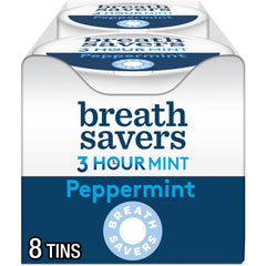 Breath Savers peppermint tin front view for on-the-go fresh breath.