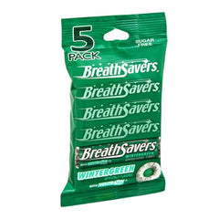 Breath Savers Wintergreen Mints 5-pack box shows crisp mint freshness for on-the-go.