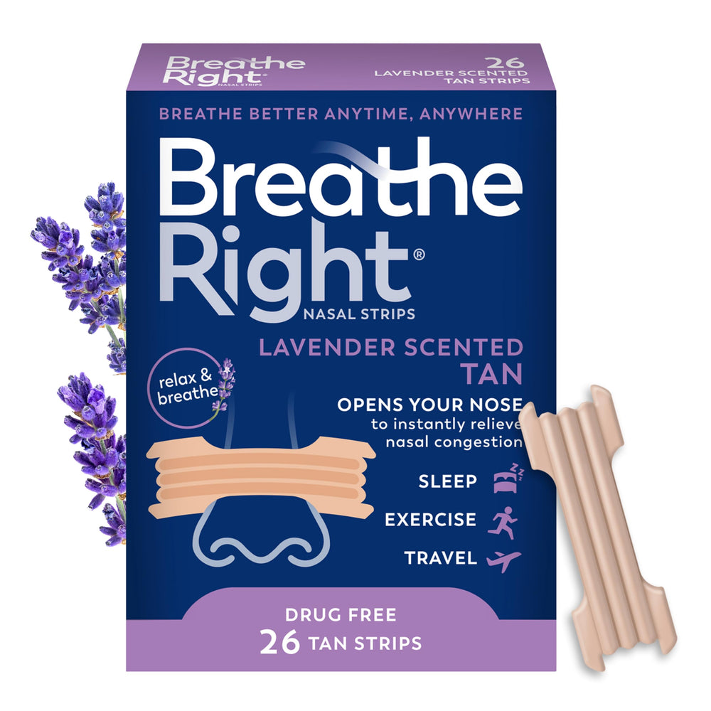 Breathe Right lavender nasal strip on nose promotes easier breathing during congestion