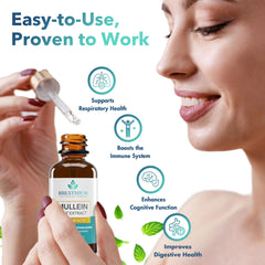 Breathium Mullein Drops dropper dispensing under tongue for fast absorption.