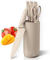 Brewin knife set with chef knife in universal block for precise prep and easy storage.