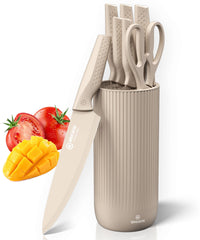 Brewin knife set with chef knife in universal block for precise prep and easy storage.