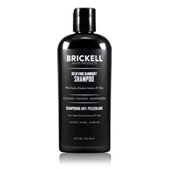Brickell Men's Relieving Dandruff Shampoo bottle, may reduce flakes on the scalp.