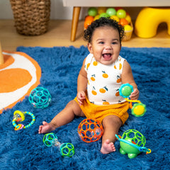 Bright Starts Little Shakers Rattle Barbell Toy promotes cause-and-effect exploration through shaking.