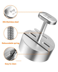 Brigii burger press with thickness guide markers for consistent weights.