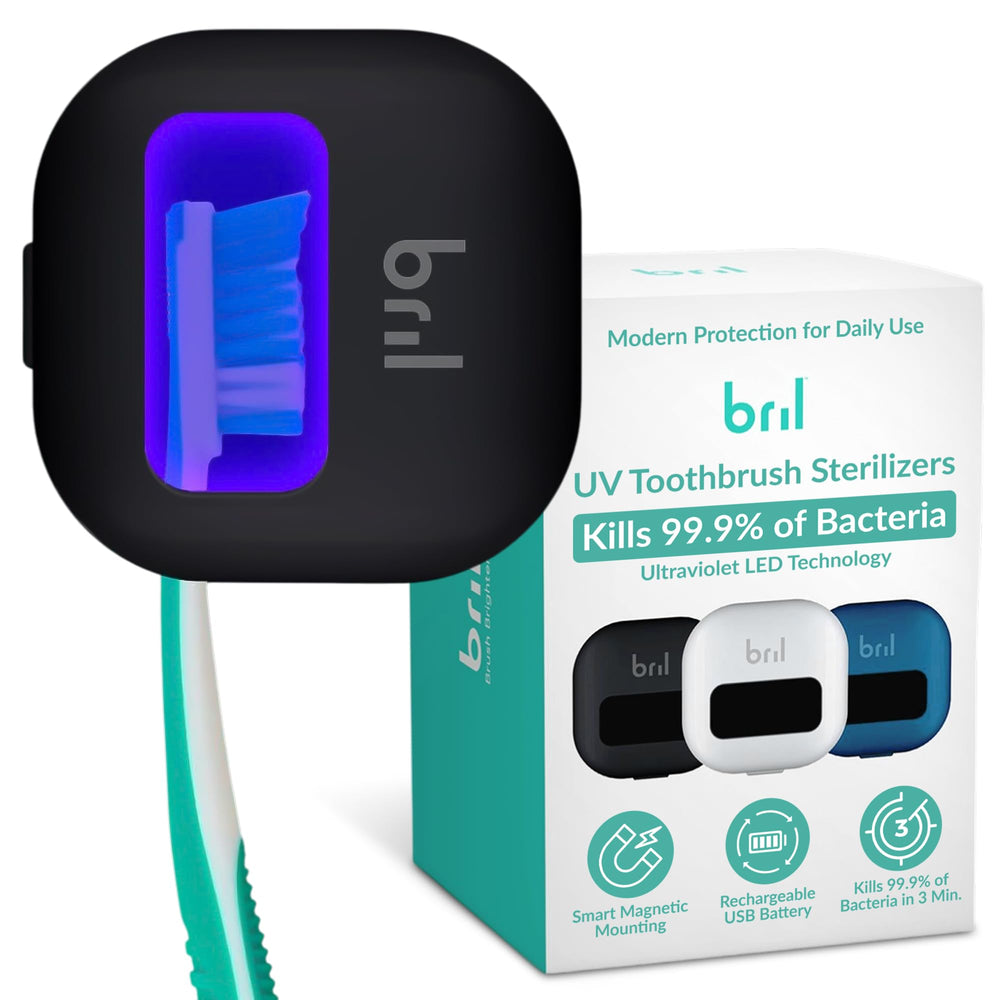 Bril UV-C toothbrush sanitizer case open, portable hygiene solution.