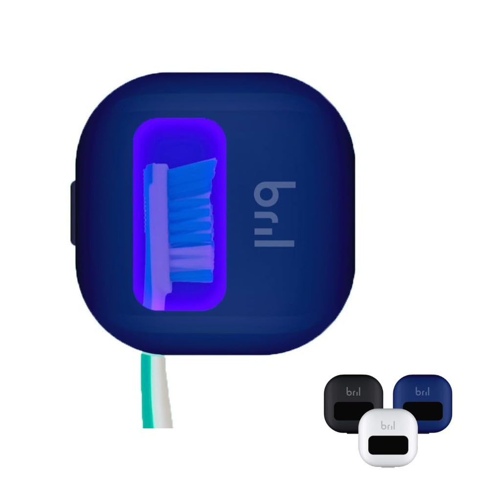 Bril UV-C Toothbrush Sanitizer front view in navy showing compact design for daily cleaning.