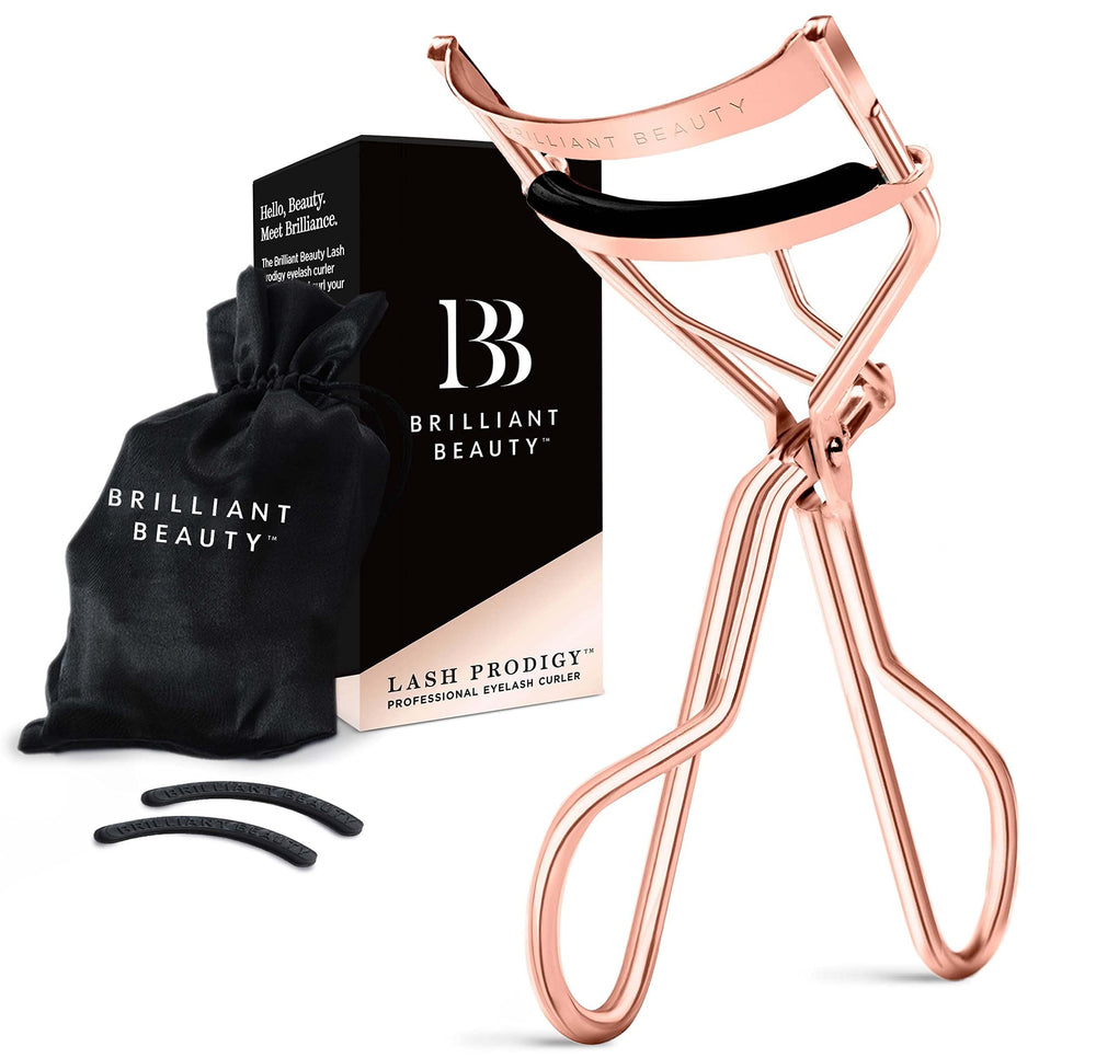 Brilliant Beauty eyelash curler in rose gold close-up showing precise lift without pinching.