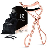 Brilliant Beauty eyelash curler in rose gold close-up showing precise lift without pinching.