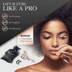 Brilliant Beauty eyelash curler with satin bag for easy on-the-go storage.