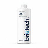 BRIOTECH Oral Swish bottle close-up showing a gentle, alcohol-free mouth rinse for sensitive gums