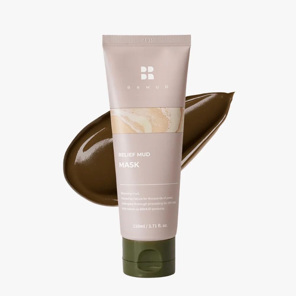 BRMUD Relief Mud Mask jar closeup showing premium packaging and rich formula for cleansing.