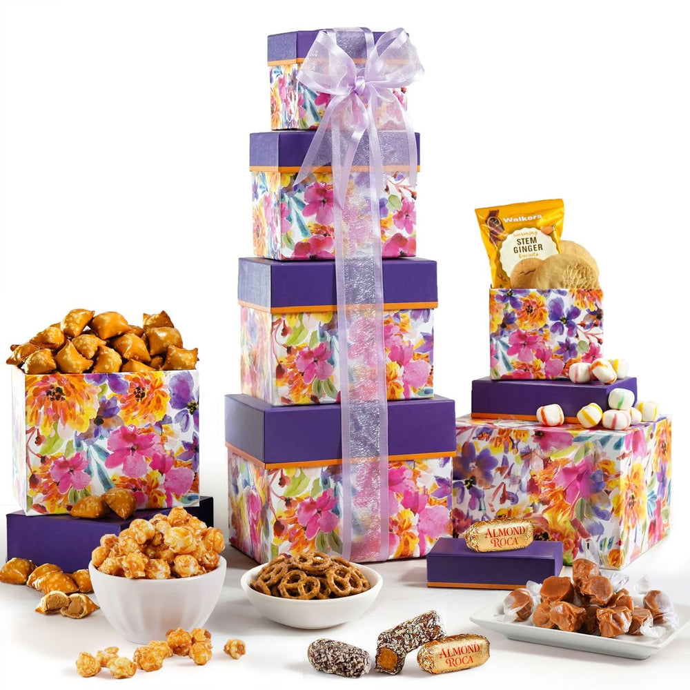 Broadway Basketeers Easter Gift Tower Box, ideal for gifting and sharing snacks.
