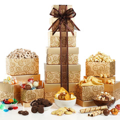 Broadway Basketeers elegant tower packaging showcases a ready-to-gift presentation.