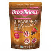 Broadway Candy Drizzilicious Strawberry Bites packaging shows vegan and gluten-free mini rice cakes.
