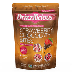 Broadway Candy Drizzilicious Strawberry Bites packaging shows vegan and gluten-free mini rice cakes.