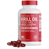 Bronson Antarctic Krill Oil bottle with 180 softgels for daily omega-3 support.