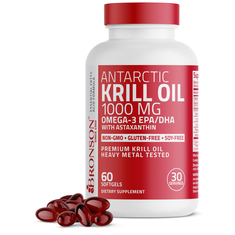 Bronson Antarctic Krill Oil 1000 mg bottle; omega-3 rich formula for daily wellness.