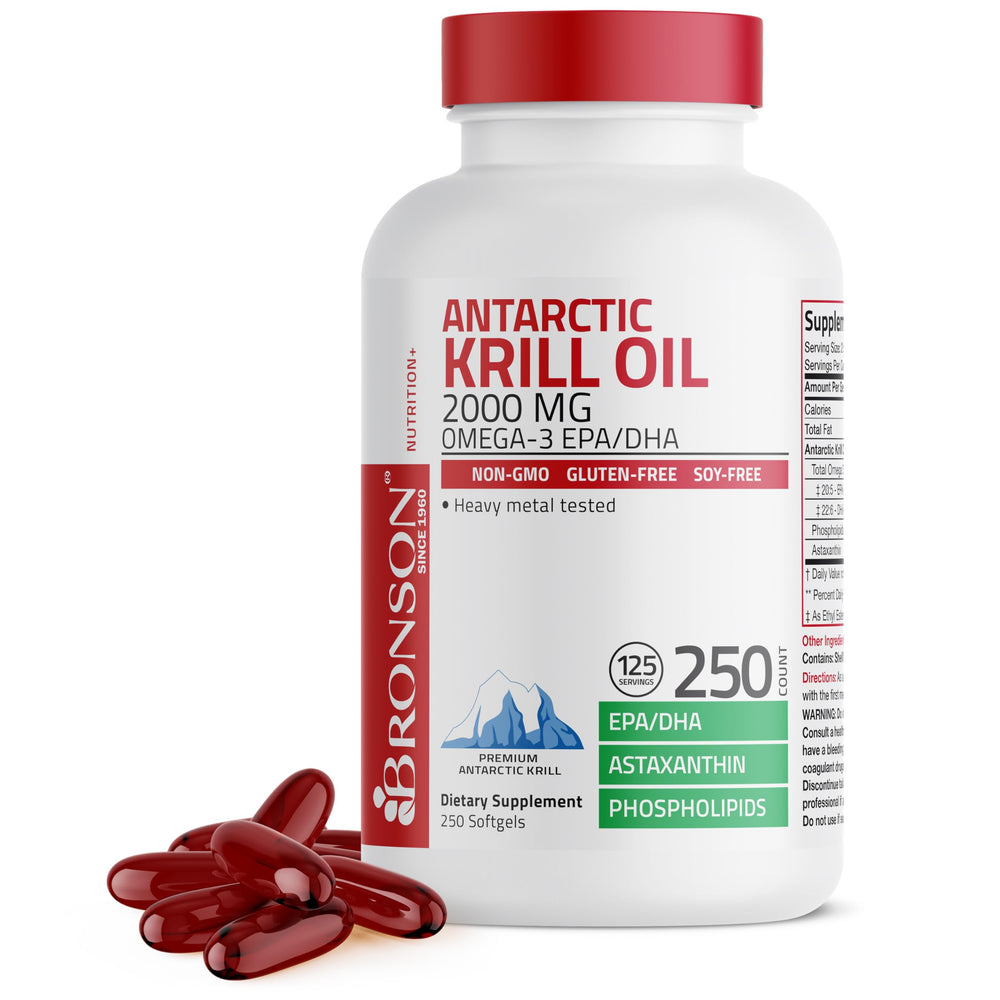 Bronson Antarctic Krill Oil bottle showcases omega-3 rich formula for daily wellness.