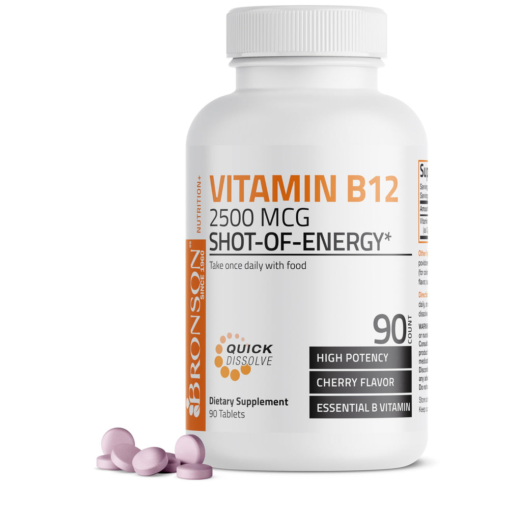Bronson B12 cherry bottle shows fast energy support via sublingual chewables.