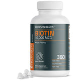 Bronson Biotin 10,000mcg bottle; high-potency daily supplement for beauty support.