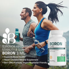 Bronson Boron close-up of tablets conveys premium gluten-free and soy-free formulation.