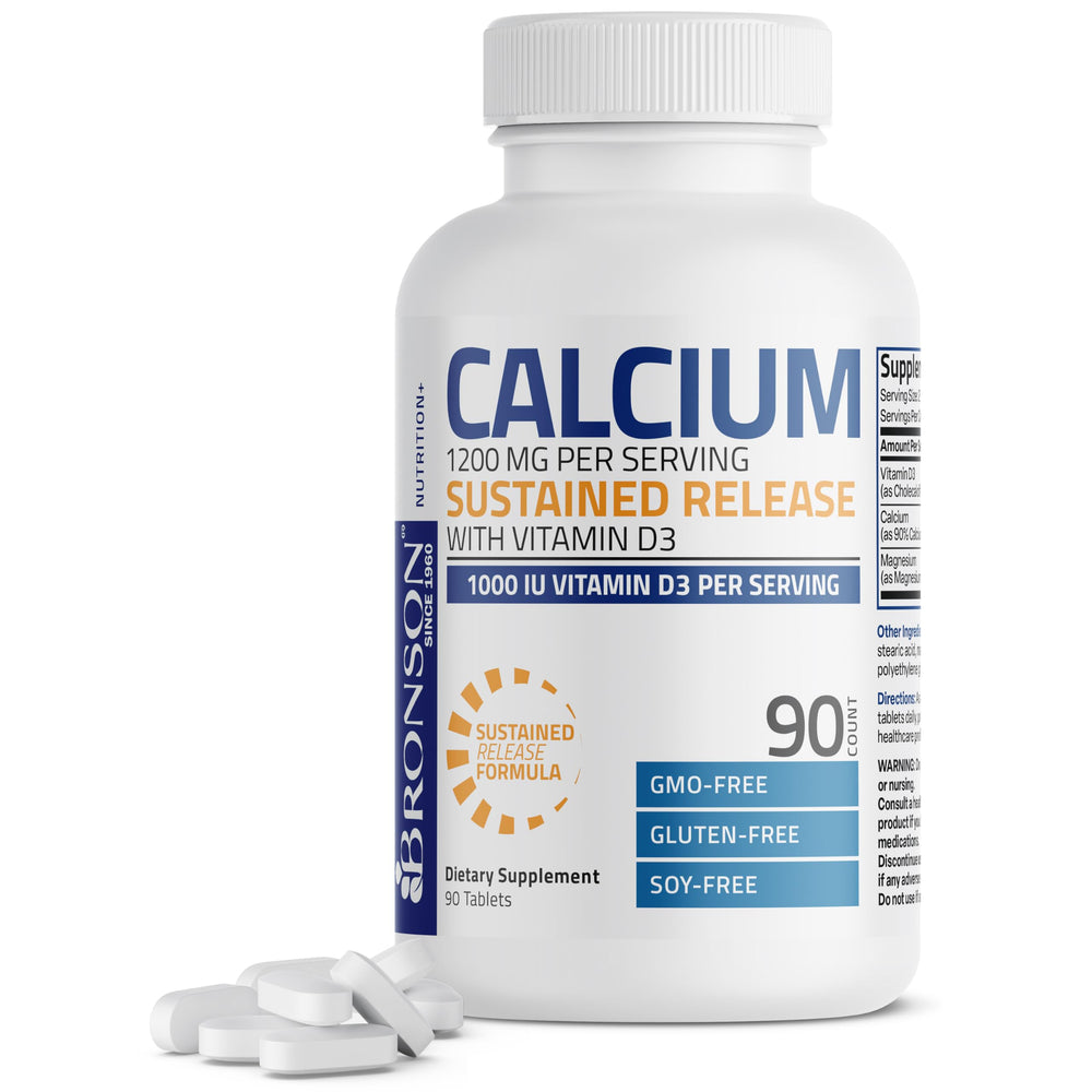 Bronson Calcium 1200 mg sustained-release bottle showing steady calcium delivery.
