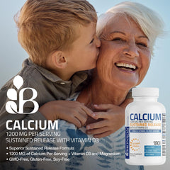 Bronson calcium tablet close-up, easy-to-swallow round tablet.