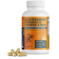 Bronson glucosamine-chondroitin-turmeric-msm bottle front highlighting joint support mobility.