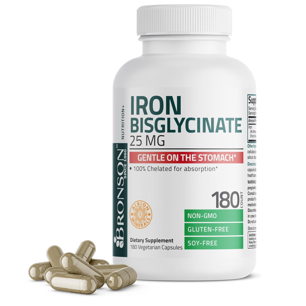 Bronson Iron Bisglycinate 25 mg bottle front view, gentle on the stomach.