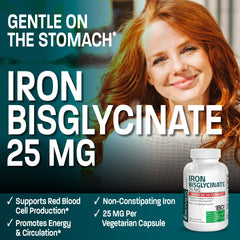 Label close-up showing non-GMO and gluten-free notes for Bronson Iron Bisglycinate.