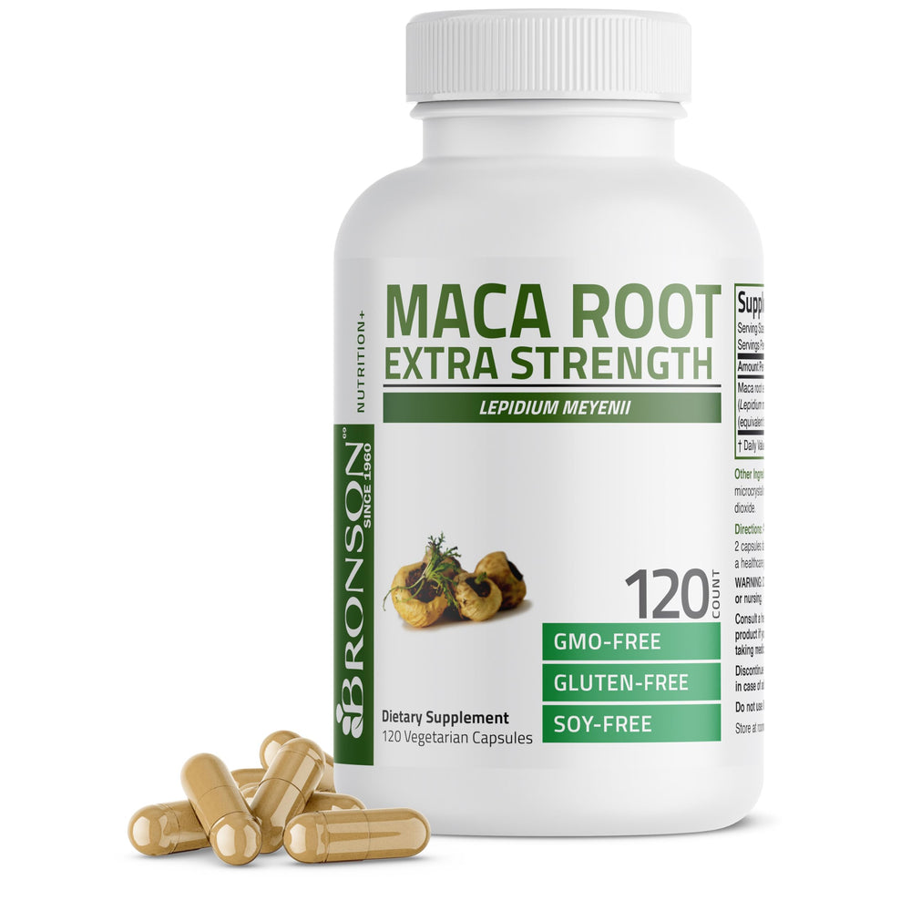 Bronson Maca Root Extra bottle showing Lepidium Meyenii for daily energy.