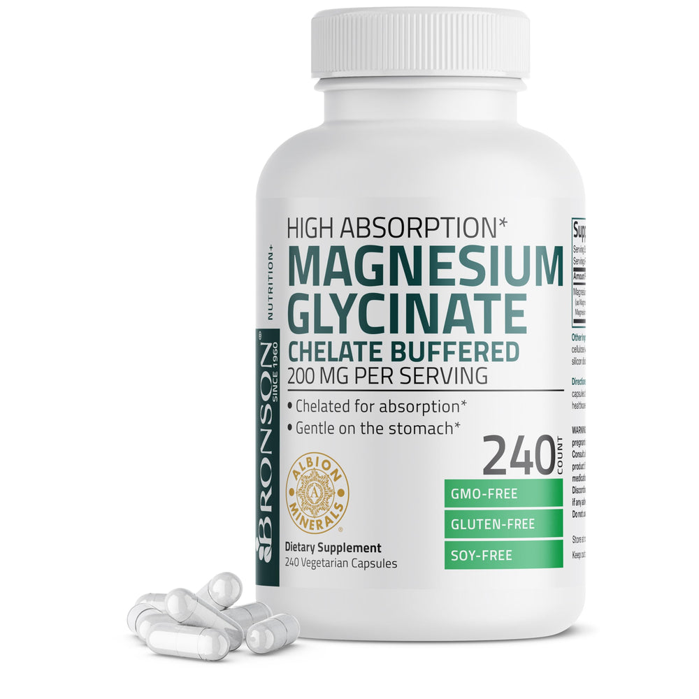 Bronson Magnesium Glycinate bottle shows high absorption formula.