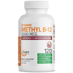 Bronson Methyl B12 brand label close view highlighting 5000 mcg per lozenge