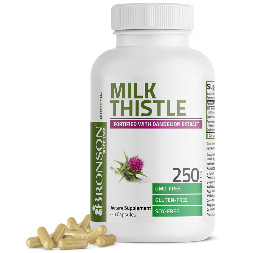 Bronson Milk Thistle Dandelion Extract bottle illustrating the liver health formula.