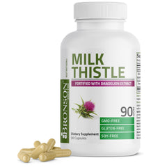 Bronson Milk Thistle bottle with dandelion extract supports liver function and daily antioxidant protection.