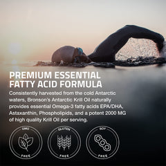 Bronson Omega-3 EPA DHA detail emphasizes phospholipids and astaxanthin benefits.