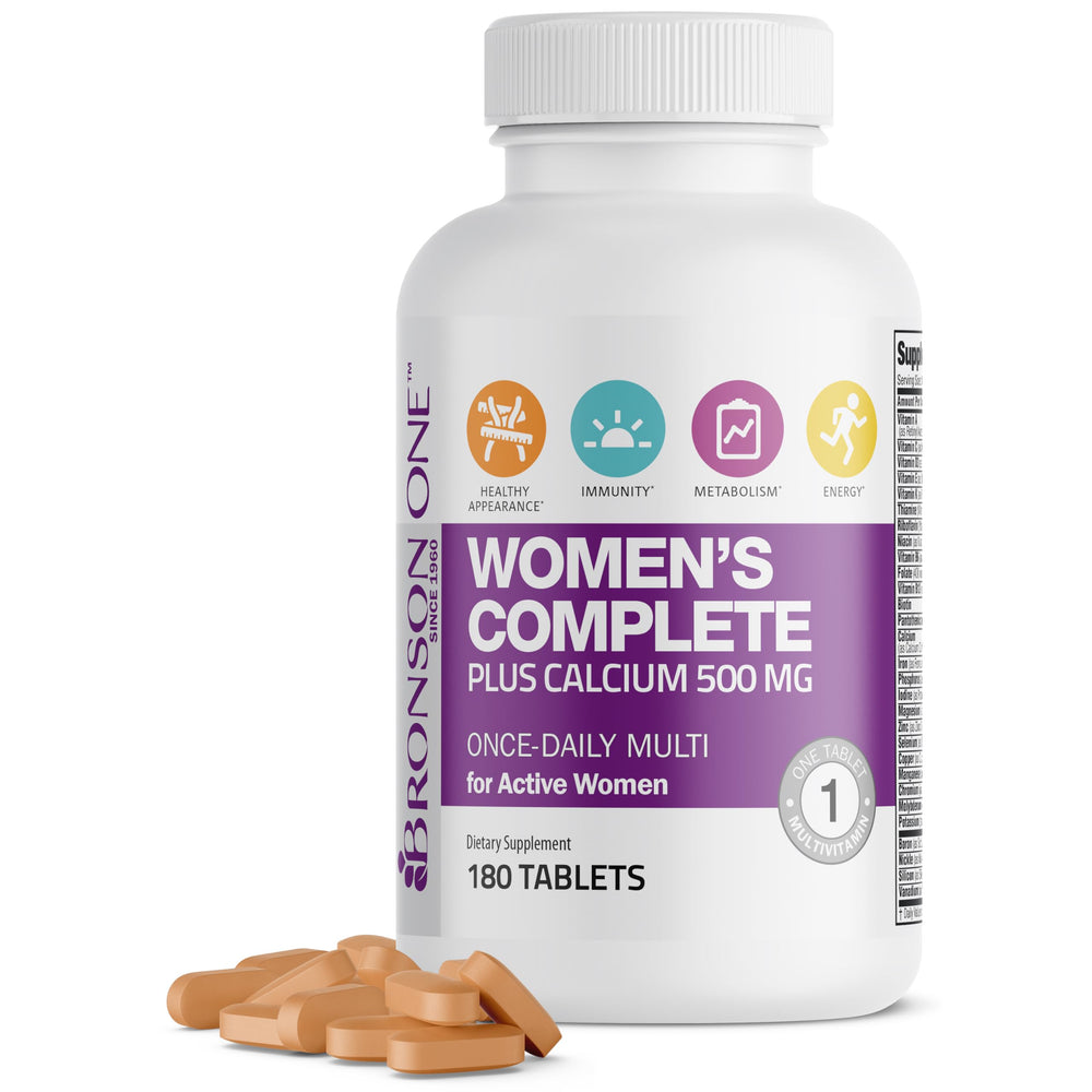 Bronson ONE Women’s Complete bottle with tablets for daily energy support.