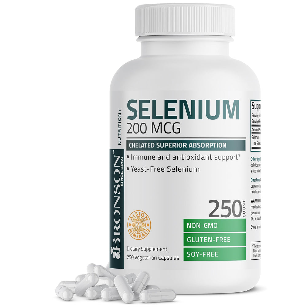 Bronson Selenium 200 mcg bottle close-up showing Albion chelated minerals for absorption.