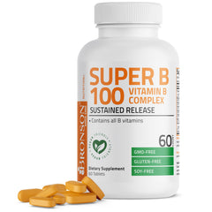 Bronson Super B100 bottle front view showcasing sustained-release B vitamin complex for steady energy