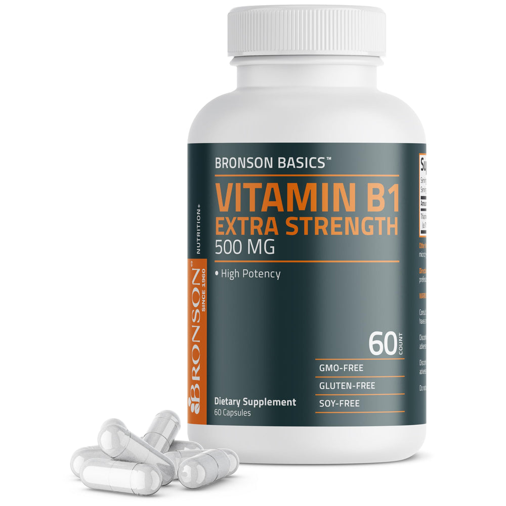 Bronson Vitamin B1 Extra Strength 500 mg bottle shown for daily wellness routines