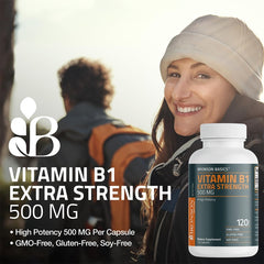 Packaging for Bronson Vitamin B1 Extra Strength highlighting non-GMO and gluten-free info