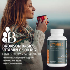 Bronson Vitamin C 500mg bottle on shelf conveys convenient daily immune support