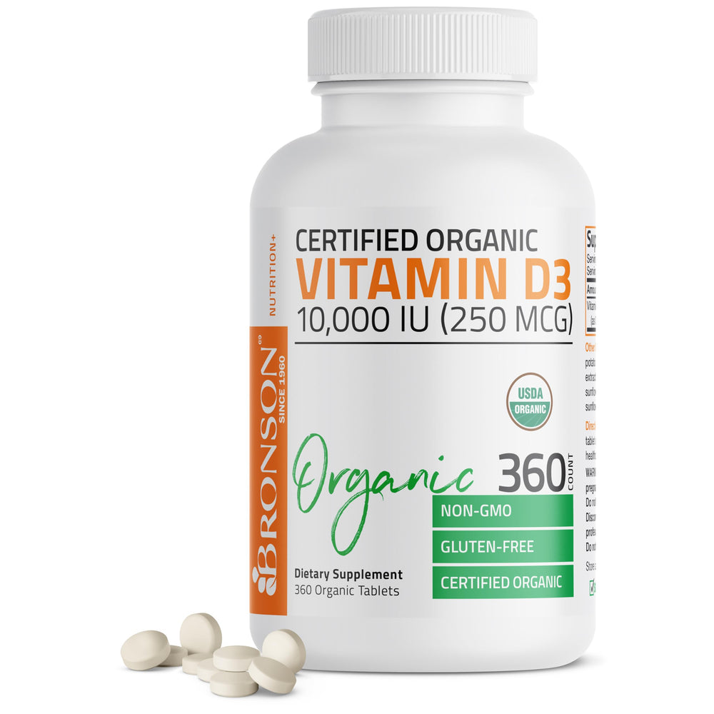Bronson Vitamin D3 10,000 IU organic bottle label for immune support and bone health